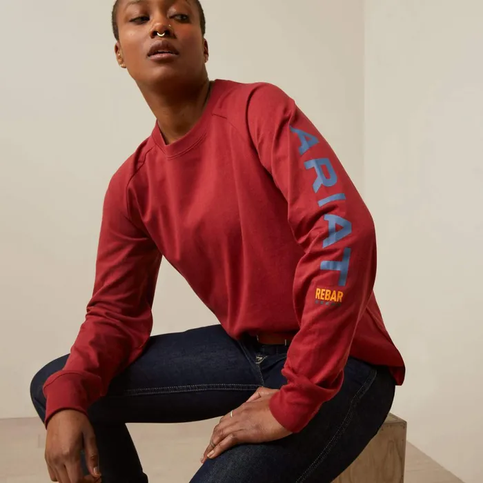 Rebar Cotton Strong Logo Graphic Red Dahlia Bijou Blue Women Ariat TShirts and Tops