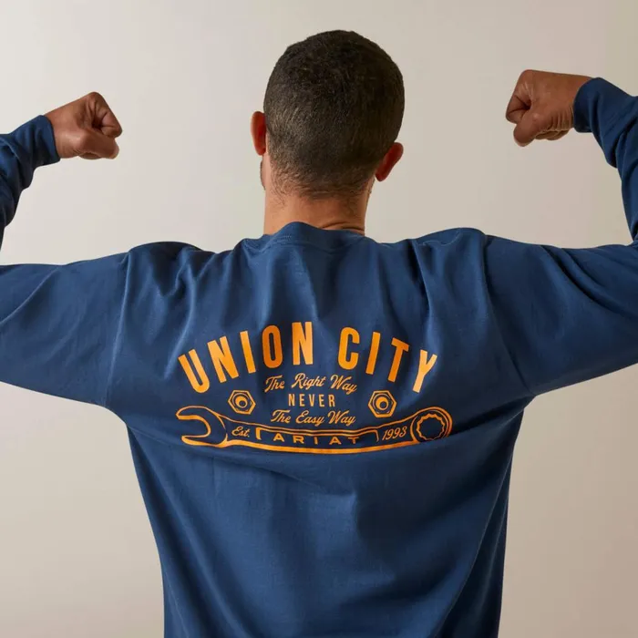 Rebar Cotton Strong Union City Blue Wing Teal Men Ariat TShirts and Polos Rebar Cotton Strong Union City Blue Wing Teal Men Ariat TShirts and Polos