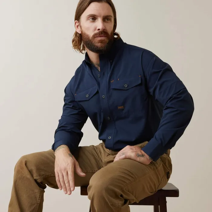 Rebar Made Tough VentTEK DuraStretch Work Shirt Navy Men Ariat Button Down Shirts