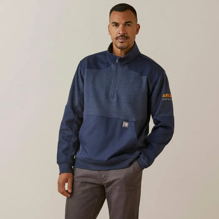 Rebar Workman Duracanvas 14 Zip Sweatshirt Navy Heather Navy Men Ariat Sweatshirts and Hoodies