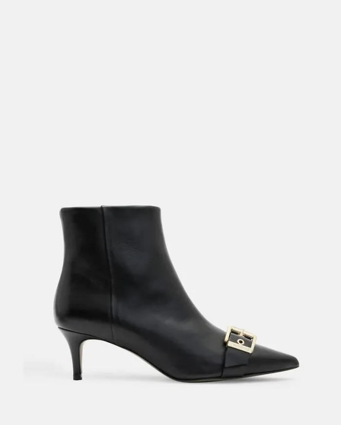 Rebecca Pointed Toe Leather Buckle Boots Black Women AllSaints Shoes and Boots