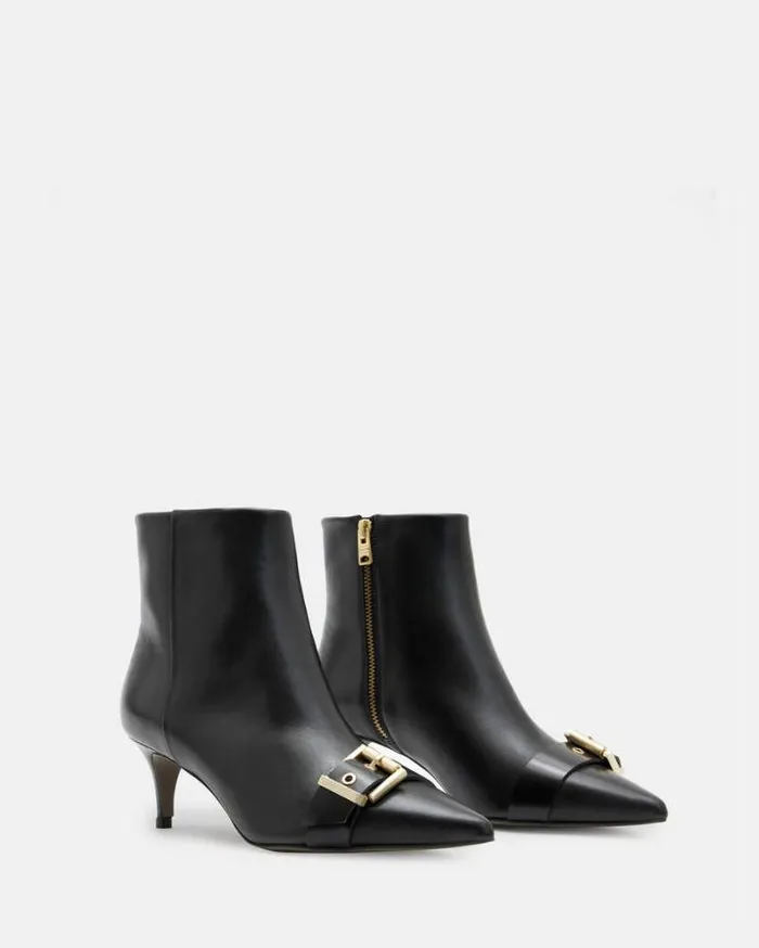 Rebecca Pointed Toe Leather Buckle Boots Black Women AllSaints Shoes and Boots