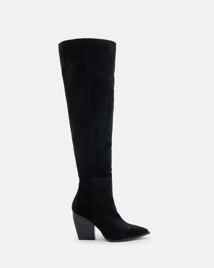 Reina Knee High Pointed Suede Boots Black Women AllSaints Shoes and Boots