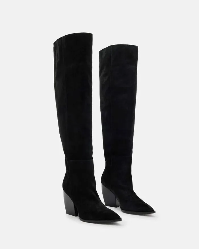 Reina Knee High Pointed Suede Boots Black Women AllSaints Shoes and Boots