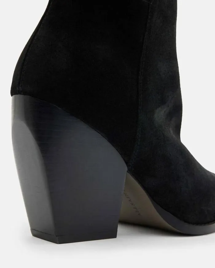 Reina Knee High Pointed Suede Boots Black Women AllSaints Shoes and Boots