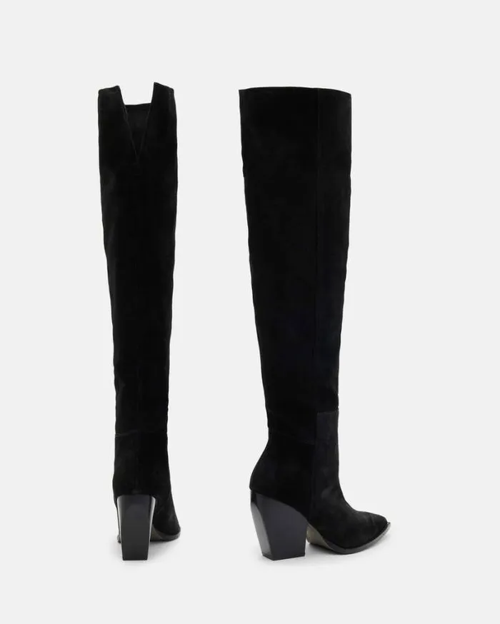 Reina Knee High Pointed Suede Boots Black Women AllSaints Shoes and Boots