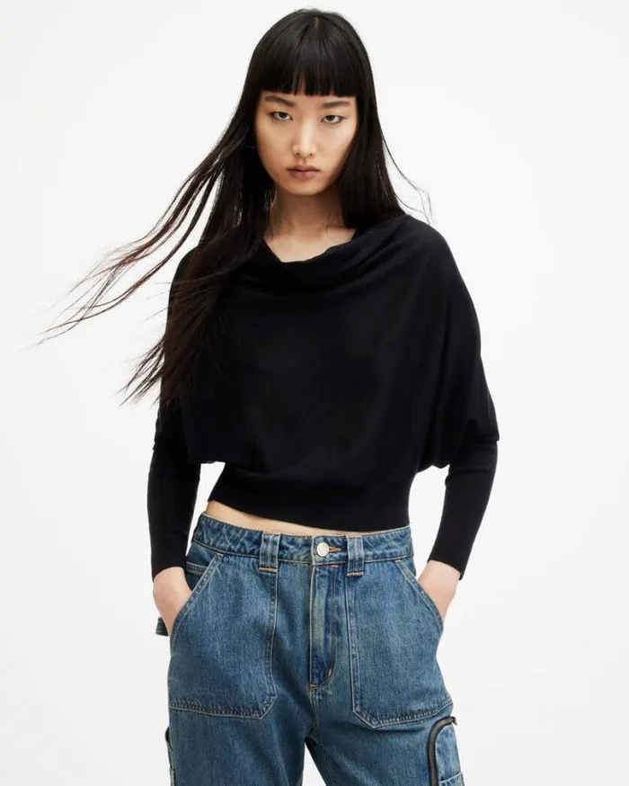 Ridley Merino Cropped Cowl Neck Sweater Black Women AllSaints Sweaters