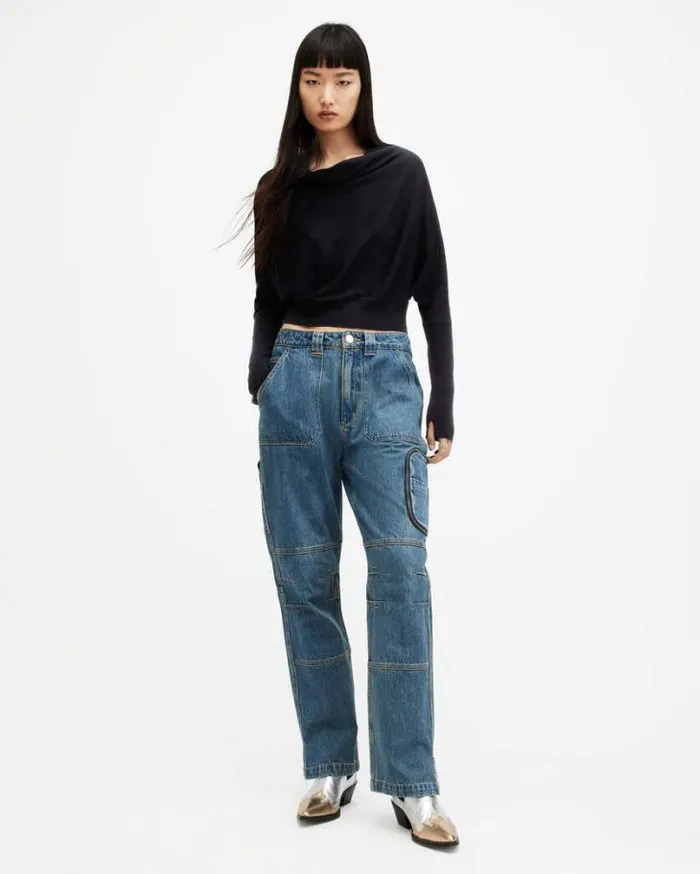 Ridley Merino Cropped Cowl Neck Sweater Black Women AllSaints Sweaters