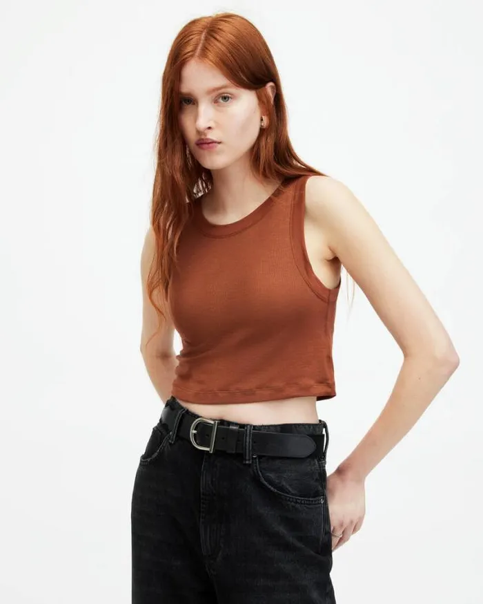 Rina Sleeveless Cropped Tank Top Brunette Brown Women AllSaints TShirts