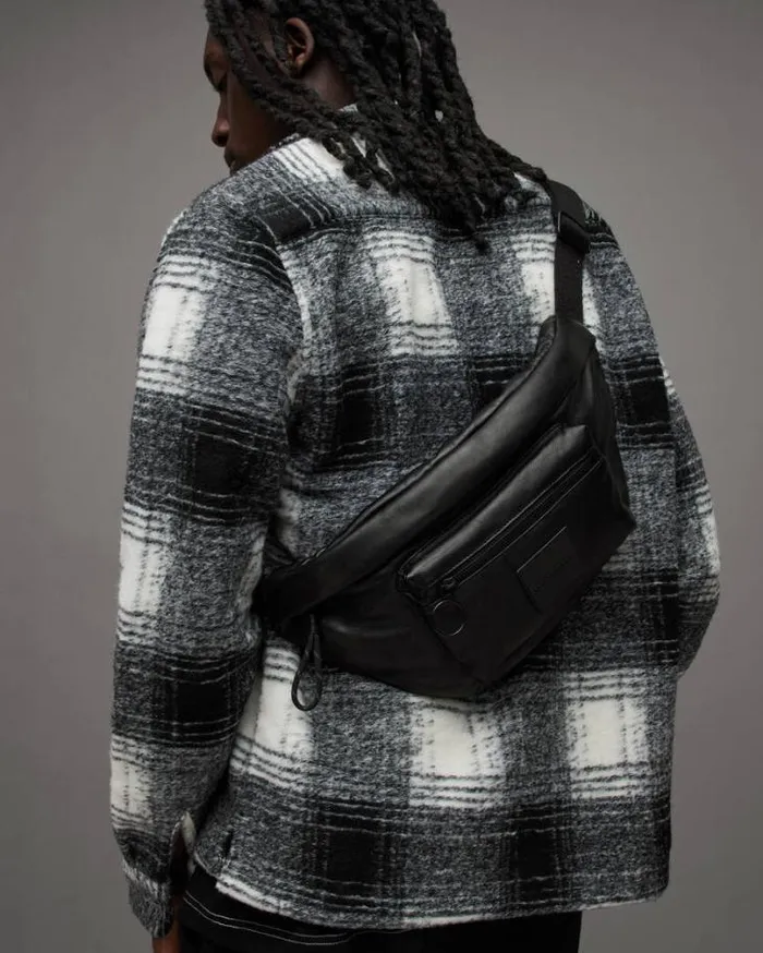 Ronin Zip Up Embossed Leather Fanny Pack Black Men AllSaints Accessories