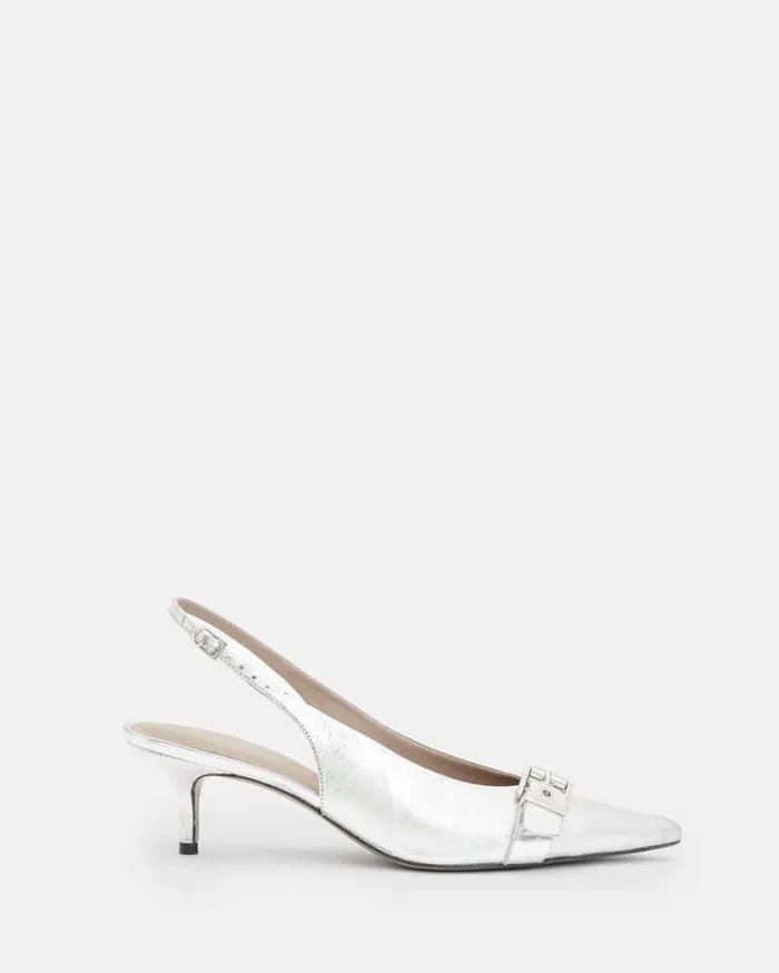 Selina Slingback Leather Kitten Heels Metallic Silver Women AllSaints Shoes and Boots
