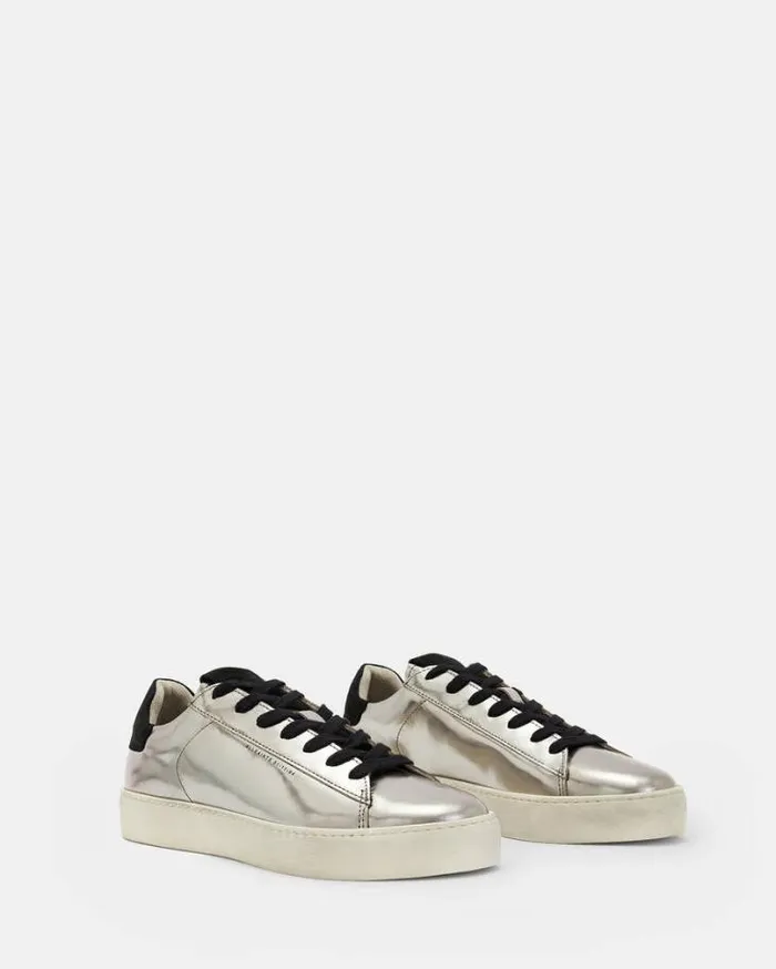 Shana Low Top Metallic Leather Sneakers Silver Women AllSaints Shoes and Boots Shana Low Top Metallic Leather Sneakers Silver Women AllSaints Shoes and Boots