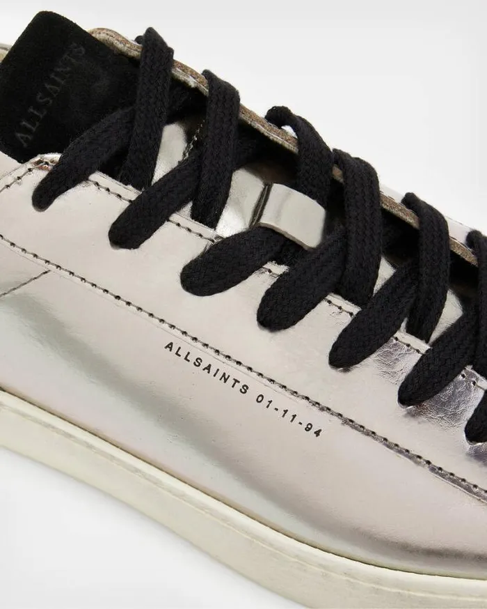 Shana Low Top Metallic Leather Sneakers Silver Women AllSaints Shoes and Boots Shana Low Top Metallic Leather Sneakers Silver Women AllSaints Shoes and Boots
