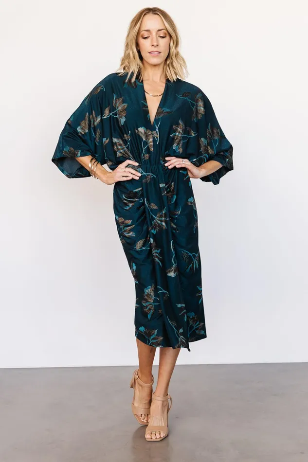 Shaneen Ruched Midi Dress Jade Floral Shimmer Women Baltic Born Wedding Guest