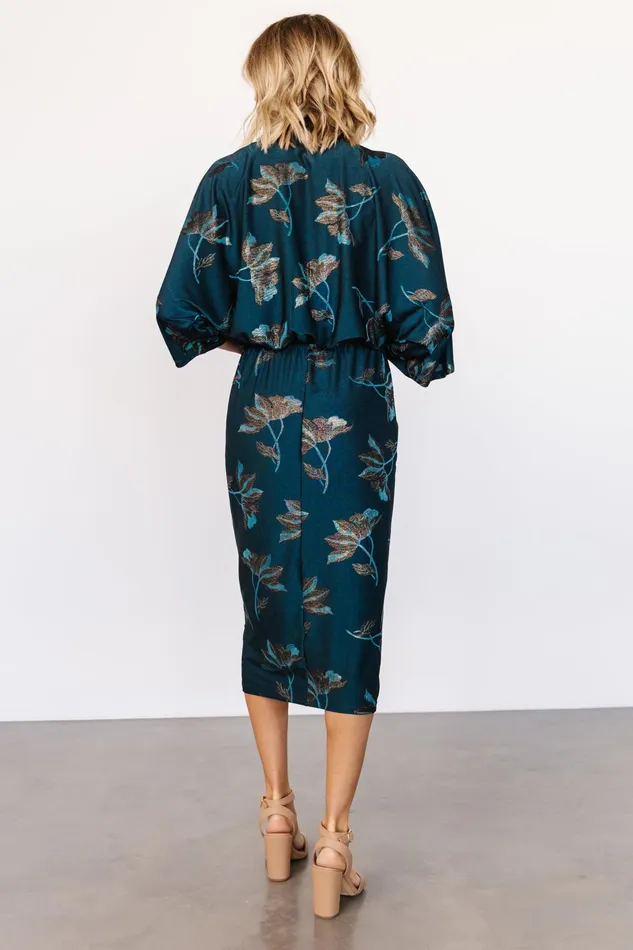 Shaneen Ruched Midi Dress Jade Floral Shimmer Women Baltic Born Wedding Guest Shaneen Ruched Midi Dress Jade Floral Shimmer Women Baltic Born Wedding Guest