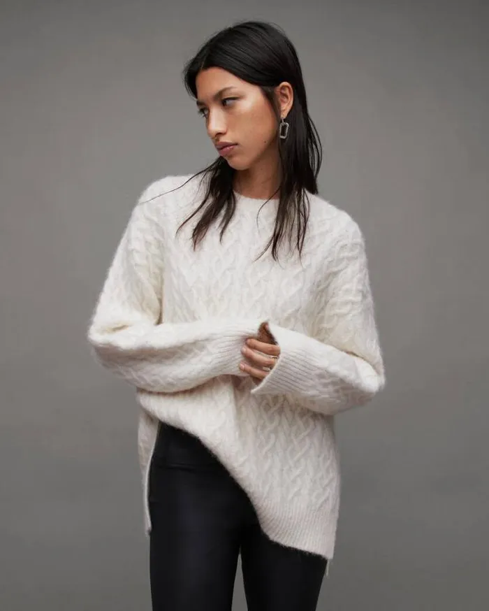 Sirius Cable Knit Crew Neck Sweater Chalk White Women AllSaints Sweaters