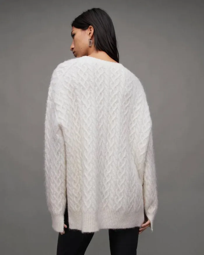 Sirius Cable Knit Crew Neck Sweater Chalk White Women AllSaints Sweaters