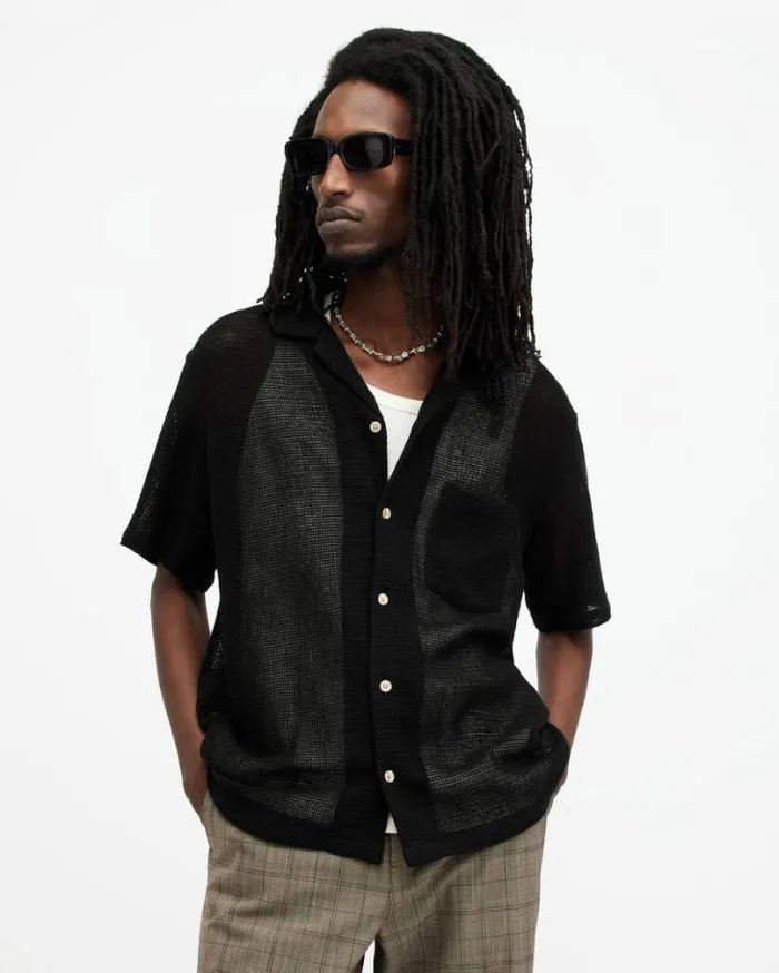 Sortie Textured Relaxed Fit Shirt Liquorice Black Men AllSaints TShirts