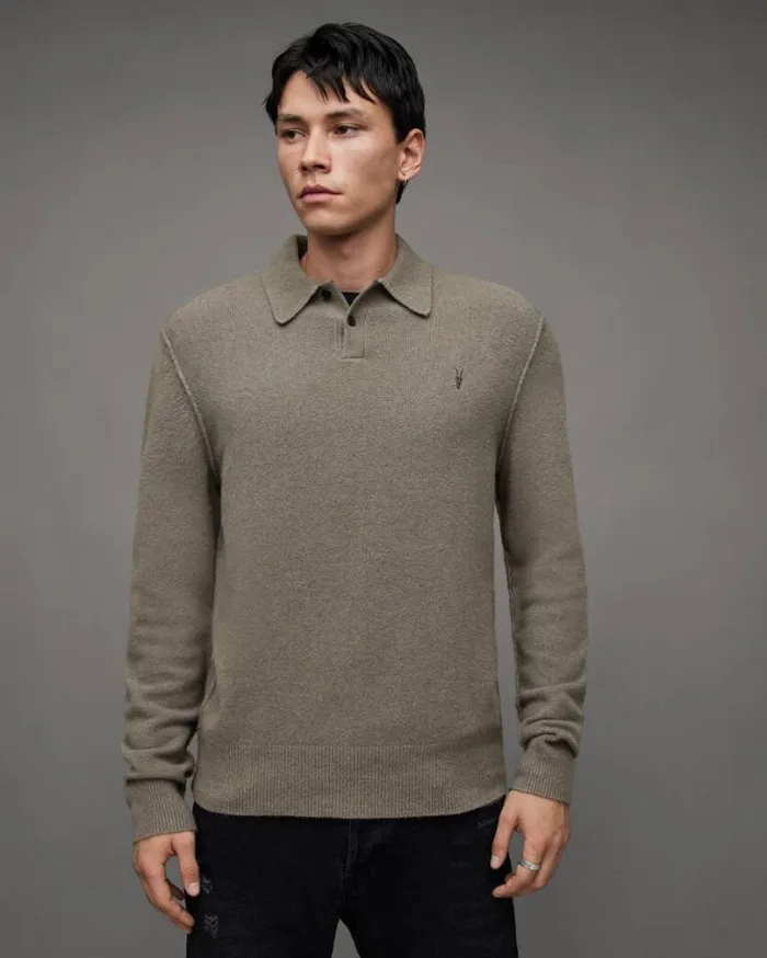 Statten Long Sleeve Ramskull Polo Sweater Planet Grey Men AllSaints Sweaters