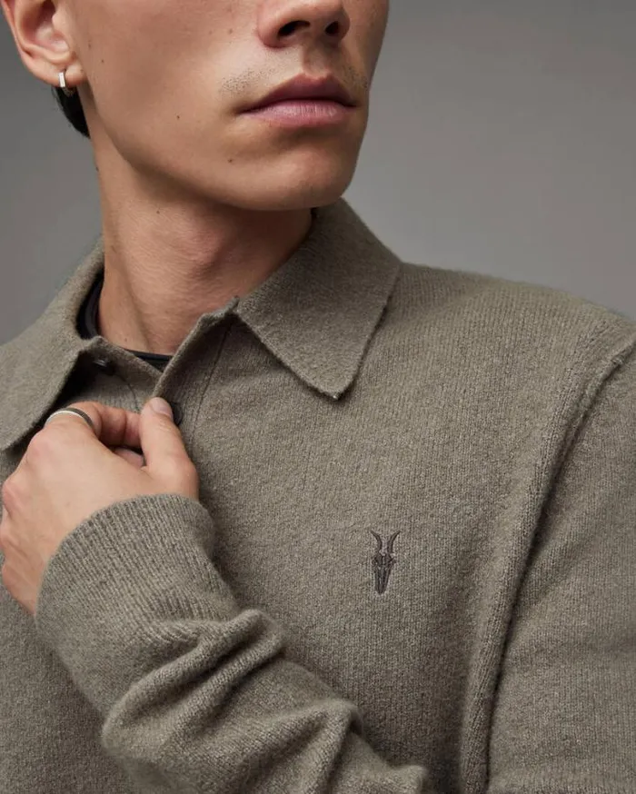 Statten Long Sleeve Ramskull Polo Sweater Planet Grey Men AllSaints Sweaters Statten Long Sleeve Ramskull Polo Sweater Planet Grey Men AllSaints Sweaters