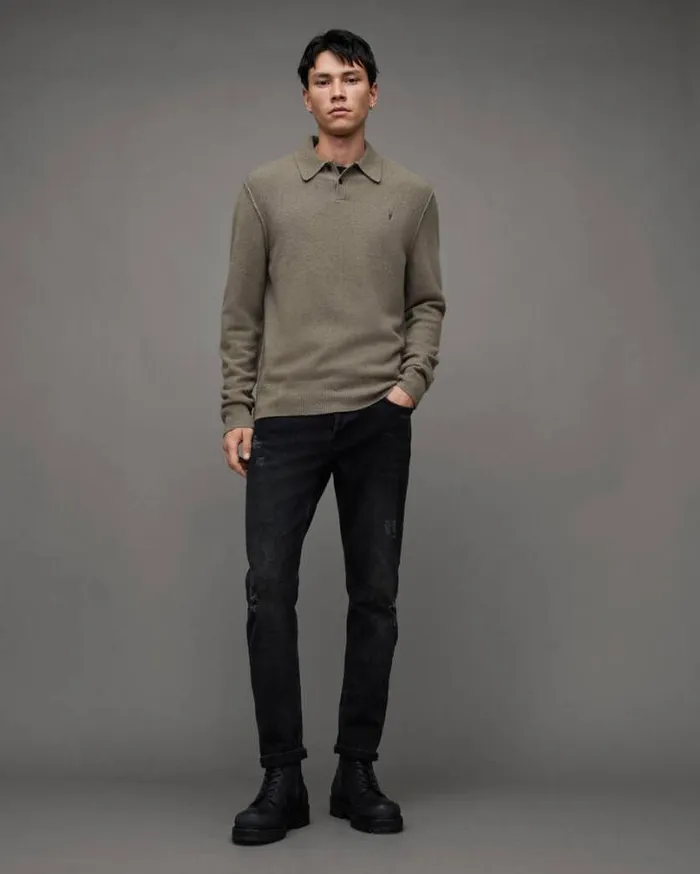 Statten Long Sleeve Ramskull Polo Sweater Planet Grey Men AllSaints Sweaters Statten Long Sleeve Ramskull Polo Sweater Planet Grey Men AllSaints Sweaters