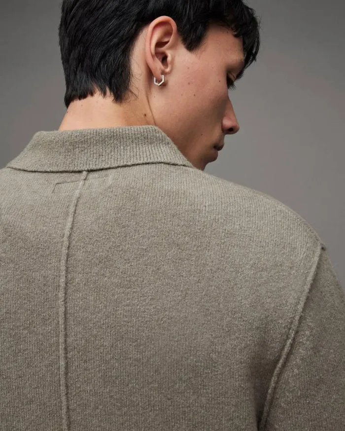 Statten Long Sleeve Ramskull Polo Sweater Planet Grey Men AllSaints Sweaters Statten Long Sleeve Ramskull Polo Sweater Planet Grey Men AllSaints Sweaters