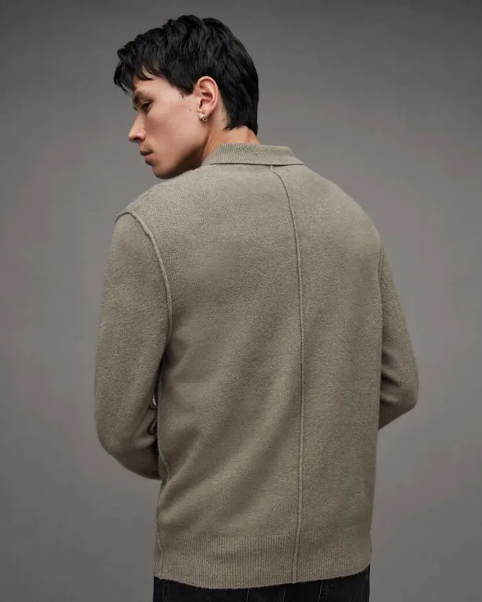 Statten Long Sleeve Ramskull Polo Sweater Planet Grey Men AllSaints Sweaters Statten Long Sleeve Ramskull Polo Sweater Planet Grey Men AllSaints Sweaters