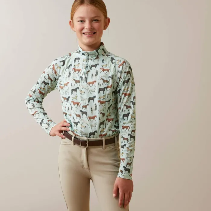 Sunstopper 20 14 Zip Baselayer Aqua Herd Print Kids Ariat English Riding Clothing