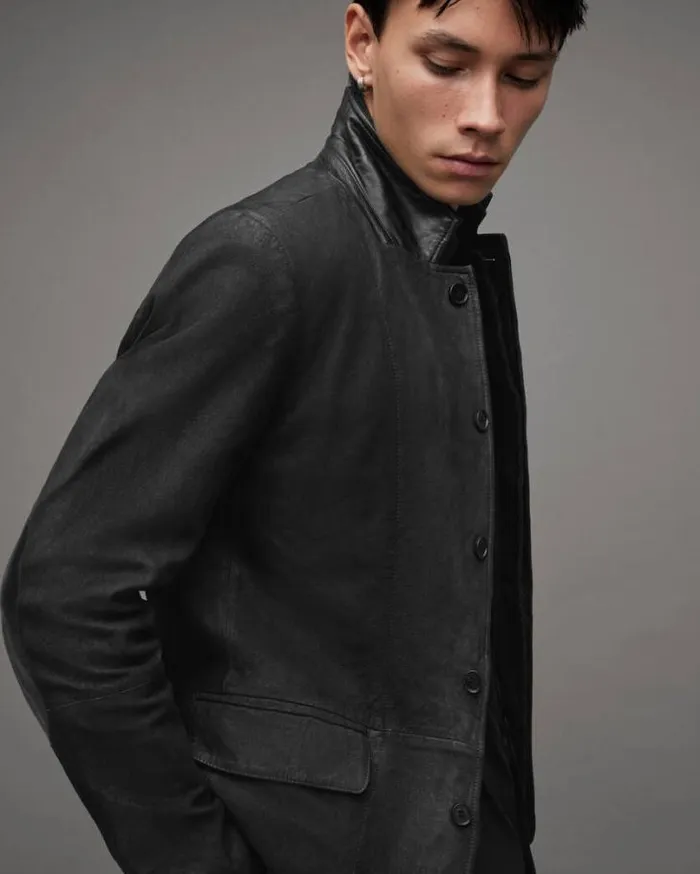 Survey Double Layered Leather Blazer Black Men AllSaints Leather Jackets