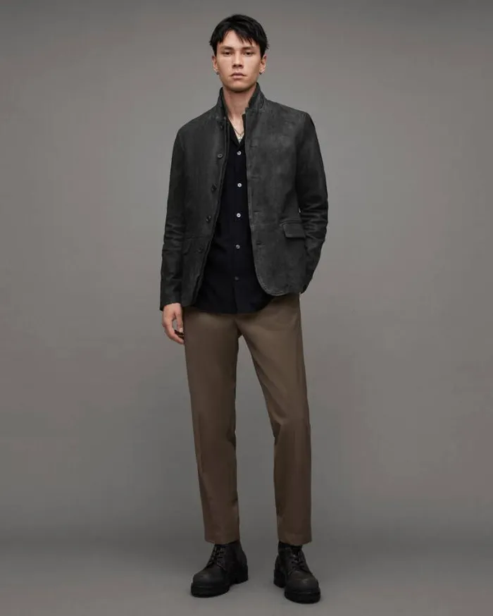 Survey Double Layered Leather Blazer Black Men AllSaints Leather Jackets