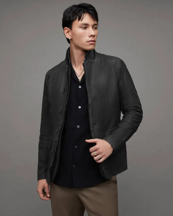 Survey Double Layered Leather Blazer Black Men AllSaints Leather Jackets