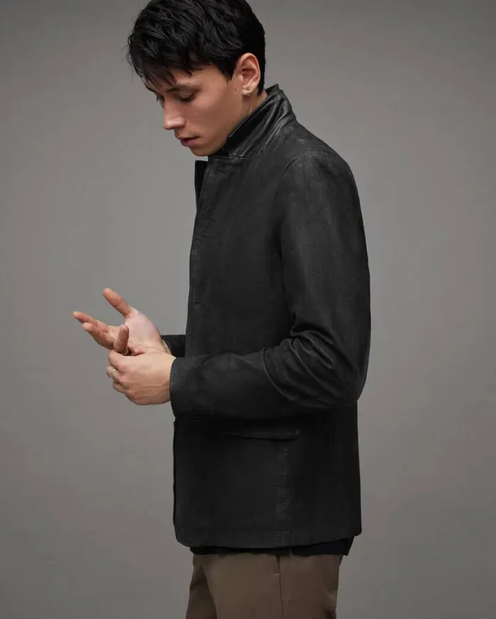 Survey Double Layered Leather Blazer Black Men AllSaints Leather Jackets