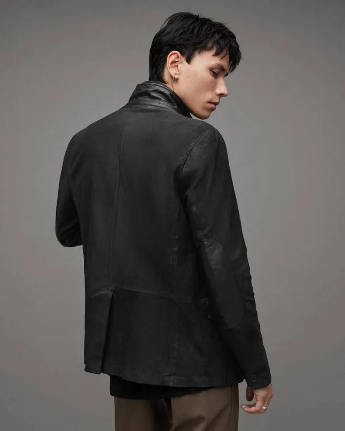Survey Double Layered Leather Blazer Black Men AllSaints Leather Jackets
