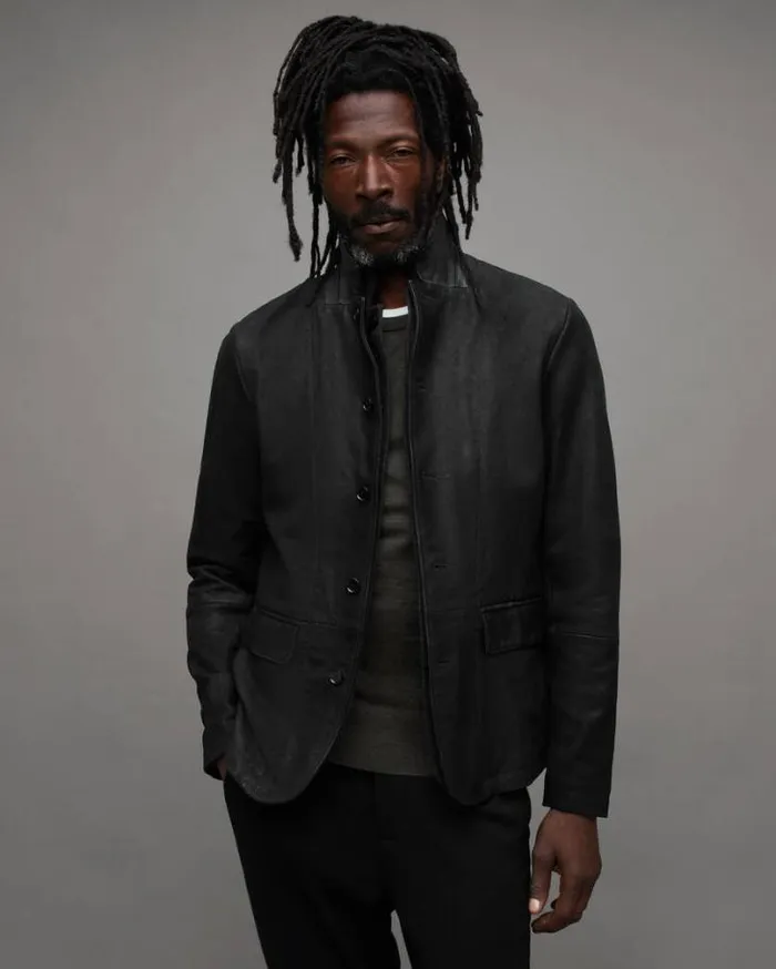 Survey Double Layered Leather Blazer Black Men AllSaints Leather Jackets