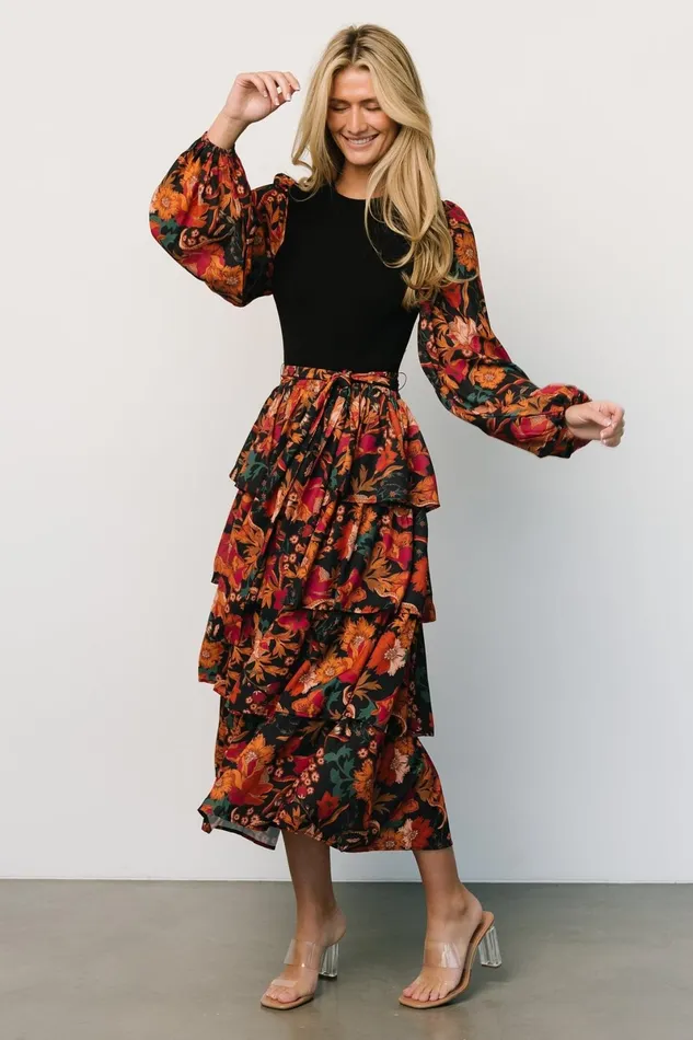Sylvie Tiered Midi Dress Black Multi Women Baltic Born Midi Dresses Sylvie Tiered Midi Dress Black Multi Women Baltic Born Midi Dresses