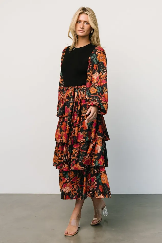 Sylvie Tiered Midi Dress Black Multi Women Baltic Born Midi Dresses Sylvie Tiered Midi Dress Black Multi Women Baltic Born Midi Dresses