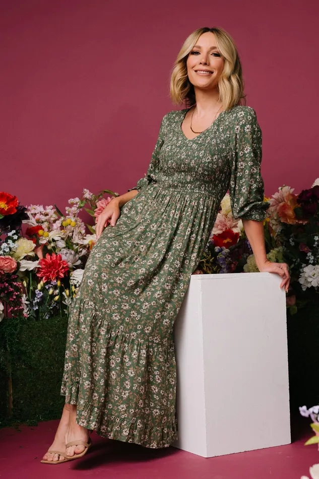 Tarryn Smocked Midi Dress Olive Floral Women Baltic Born Midi Dresses