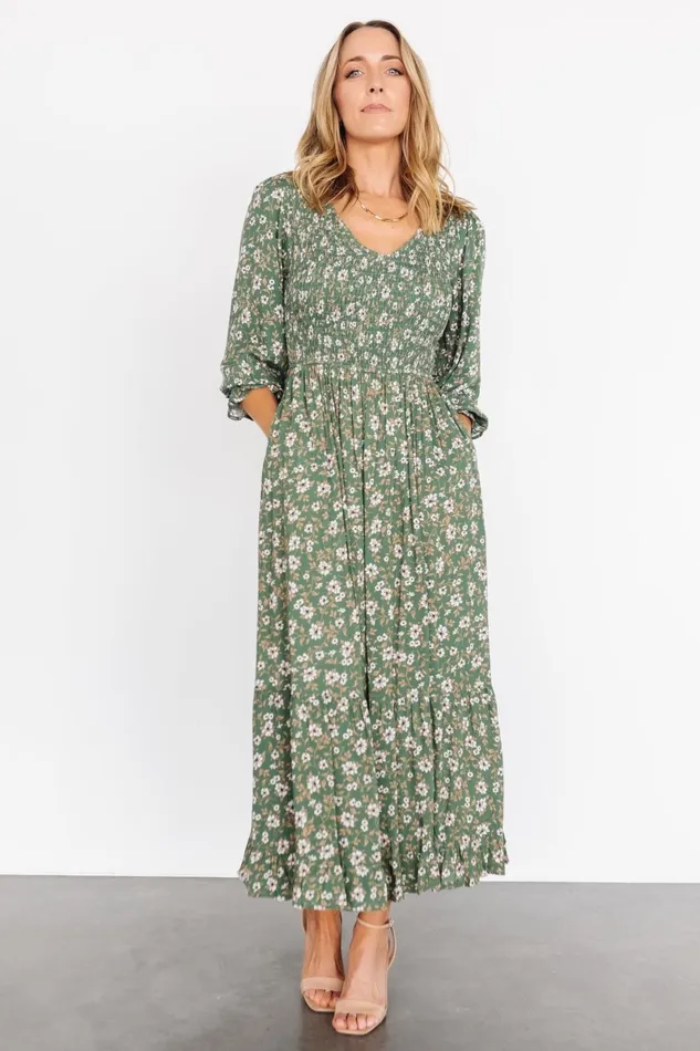 Tarryn Smocked Midi Dress Olive Floral Women Baltic Born Midi Dresses Tarryn Smocked Midi Dress Olive Floral Women Baltic Born Midi Dresses