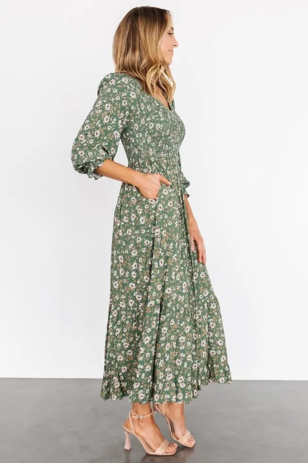 Tarryn Smocked Midi Dress Olive Floral Women Baltic Born Midi Dresses Tarryn Smocked Midi Dress Olive Floral Women Baltic Born Midi Dresses