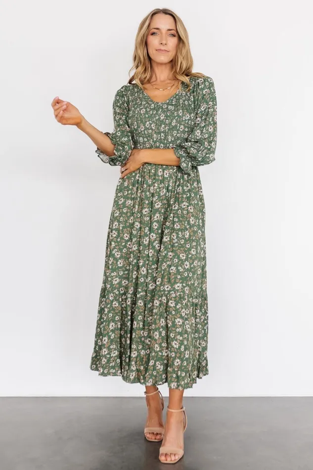 Tarryn Smocked Midi Dress Olive Floral Women Baltic Born Midi Dresses Tarryn Smocked Midi Dress Olive Floral Women Baltic Born Midi Dresses