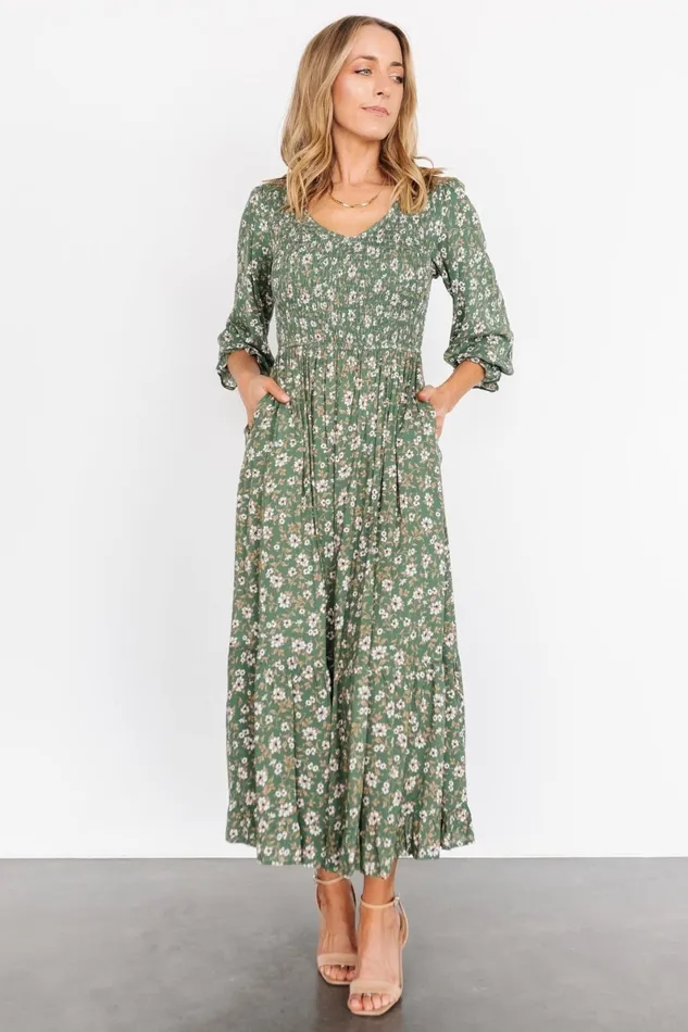 Tarryn Smocked Midi Dress Olive Floral Women Baltic Born Midi Dresses Tarryn Smocked Midi Dress Olive Floral Women Baltic Born Midi Dresses