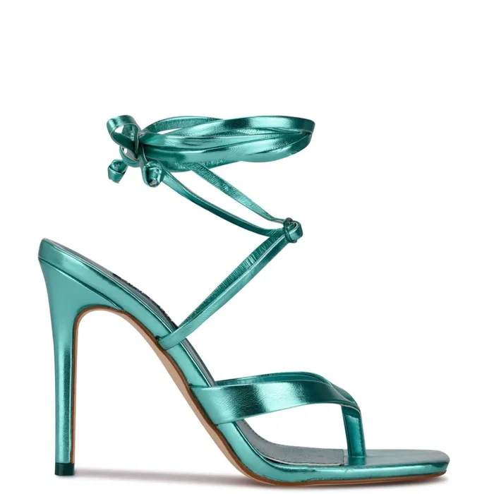 Terrie Ankle Wrap Heeled Sandals Turquoise Metallic Women Nine West Dress