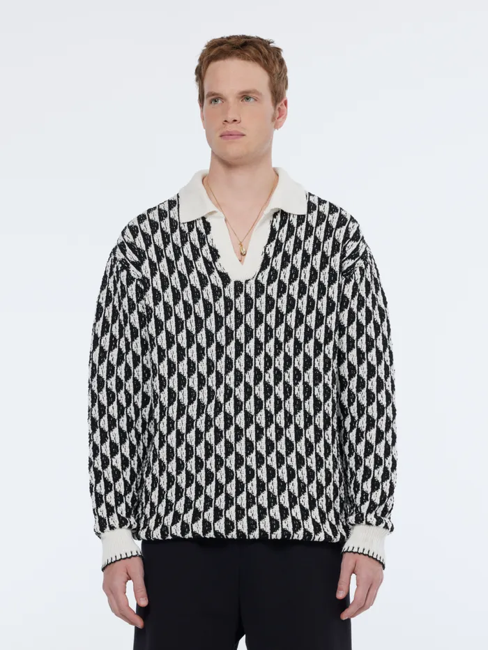 Textured Jacquard Dropped Shoulder Long Sleeve Polo Imagine Stripe White Men Scotch and Soda Knitwear Textured Jacquard Dropped Shoulder Long Sleeve Polo Imagine Stripe White Men Scotch and Soda Knitwear