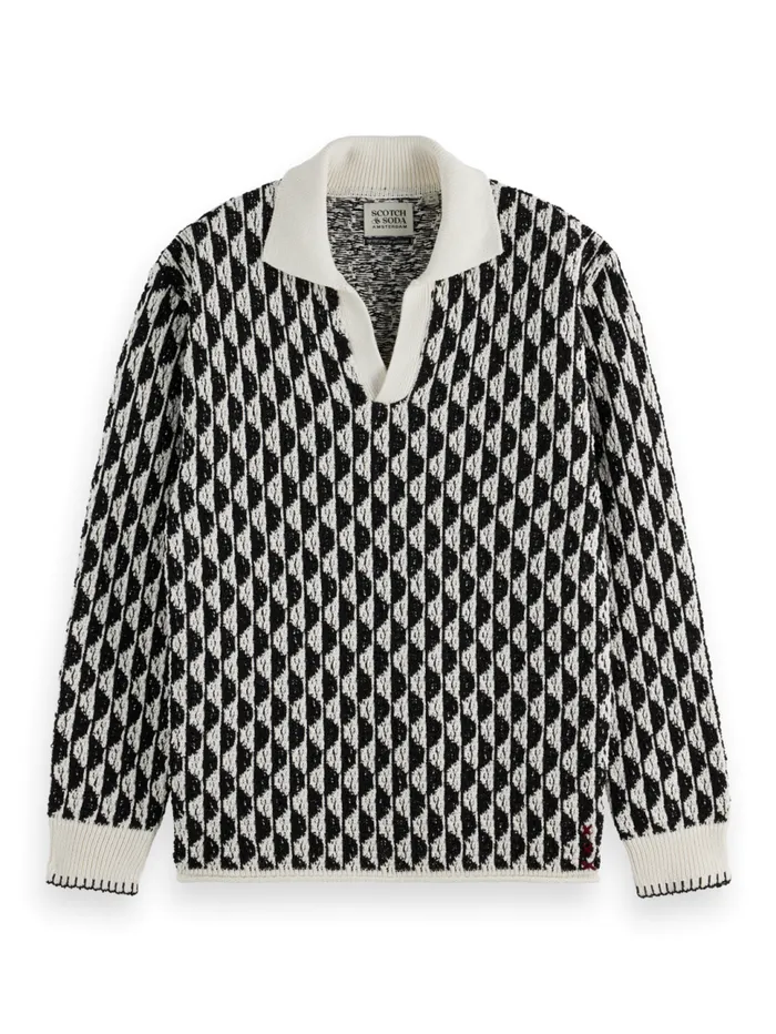 Textured Jacquard Dropped Shoulder Long Sleeve Polo Imagine Stripe White Men Scotch and Soda Knitwear Textured Jacquard Dropped Shoulder Long Sleeve Polo Imagine Stripe White Men Scotch and Soda Knitwear