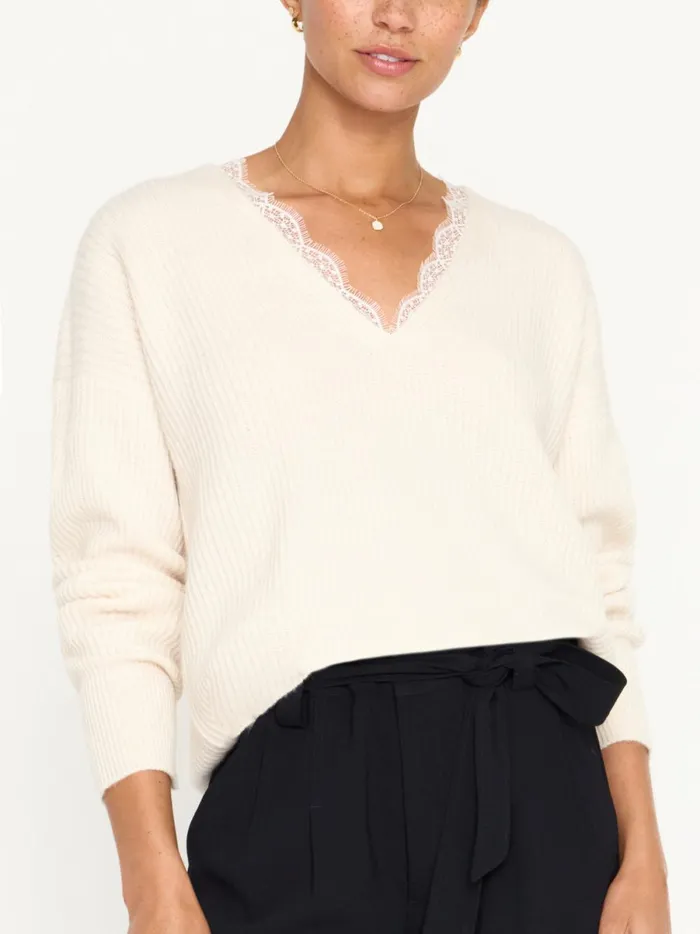 The Ava Lace V Neck Sweater Almond Combo Women Brochu Walker Sweaters