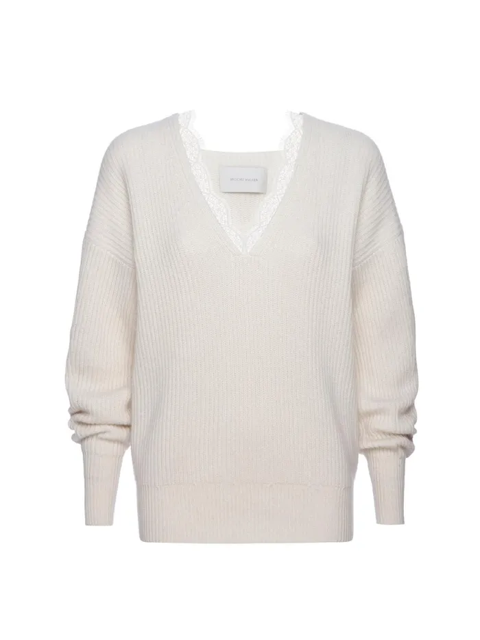 The Ava Lace V Neck Sweater Almond Combo Women Brochu Walker Sweaters