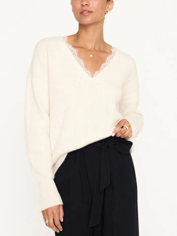 The Ava Lace V Neck Sweater Almond Combo Women Brochu Walker Sweaters