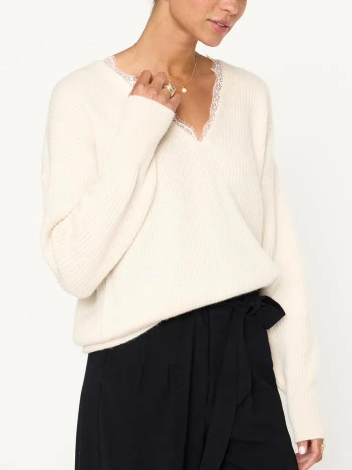 The Ava Lace V Neck Sweater Almond Combo Women Brochu Walker Sweaters