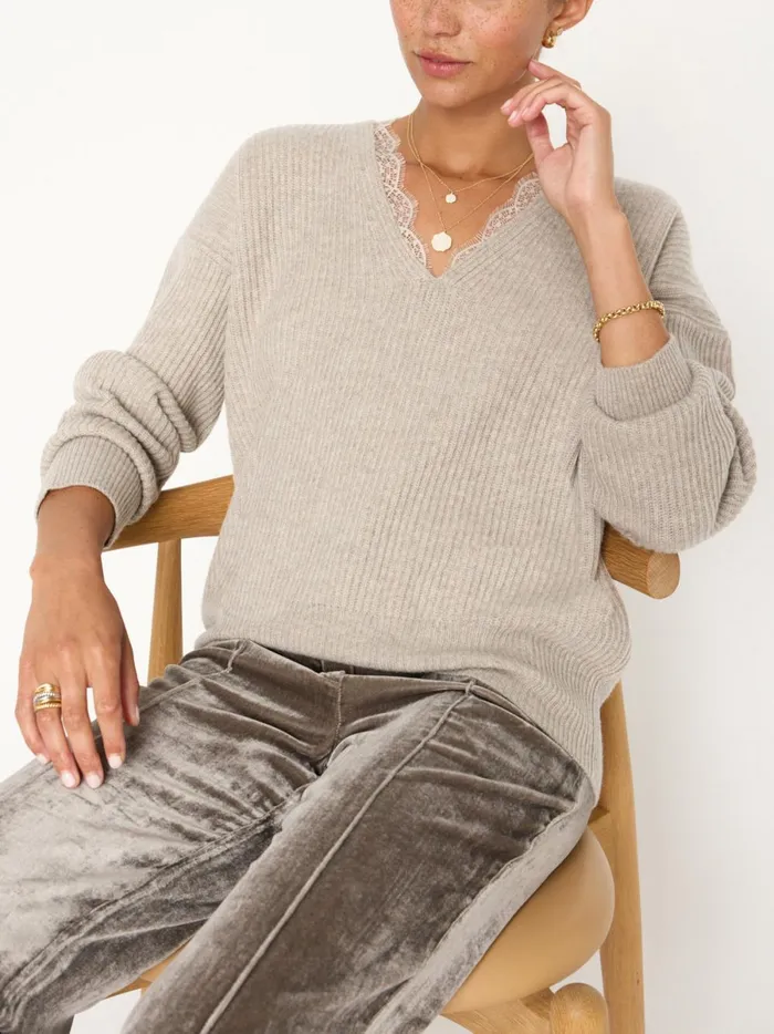 The Ava Lace V Neck Sweater Light Chia Mlange Combo Women Brochu Walker Sweaters