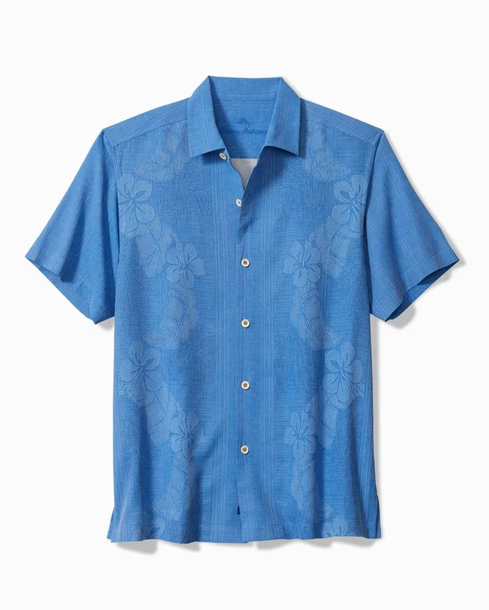 Tommy Bahama Bali Border Silk Camp Shirt Mountain Bluebell Men Shirts